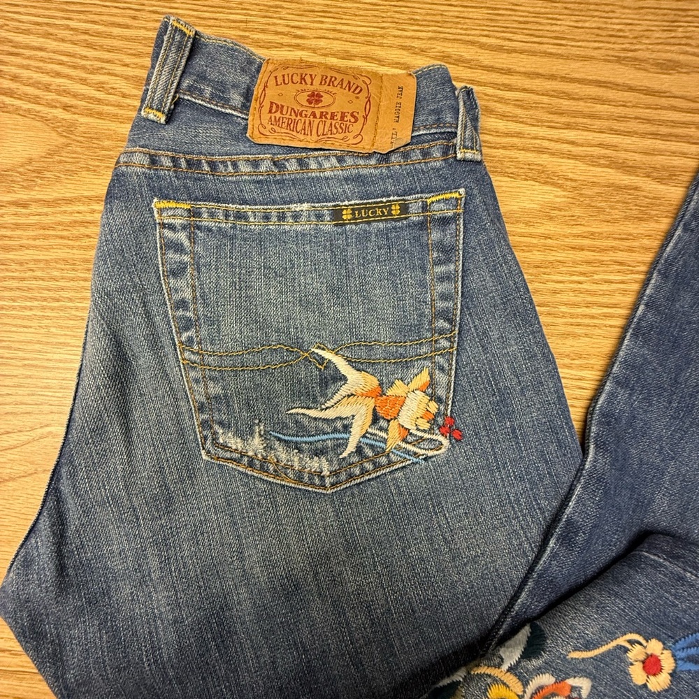 Lucky Brand Blue Denim Flare Jeans with Floral Embroidery - Picture 2 of 15
